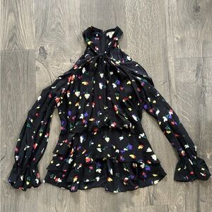 Shoshanna Silk Black Multicolor Floral Cold Shoulder High Neck Blouse Top S
